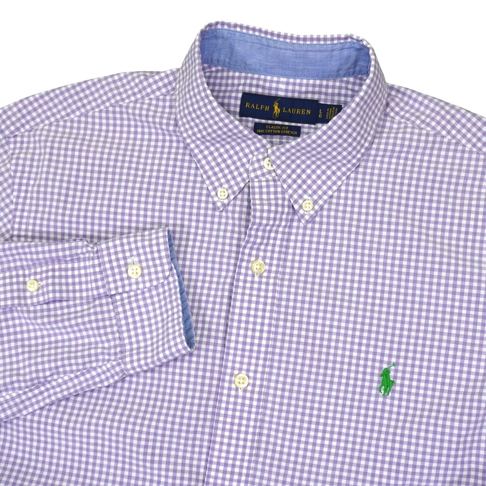 Ralph Lauren Button Down Shirt Mens LG Purple Gingham Classic Fit Cotton Stretch